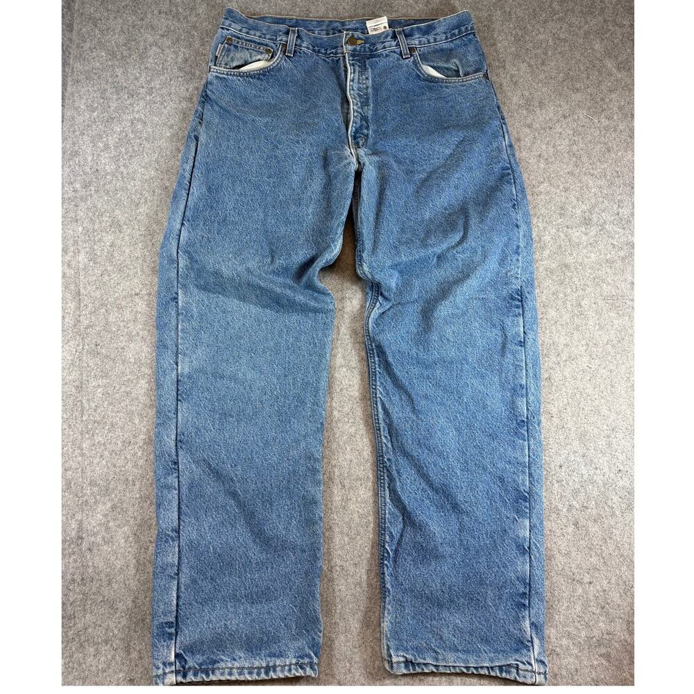 VINTAGE 90s Carhartt Jeans Men Blue Relaxed Fit Flannel Lined Straight Leg 38x32